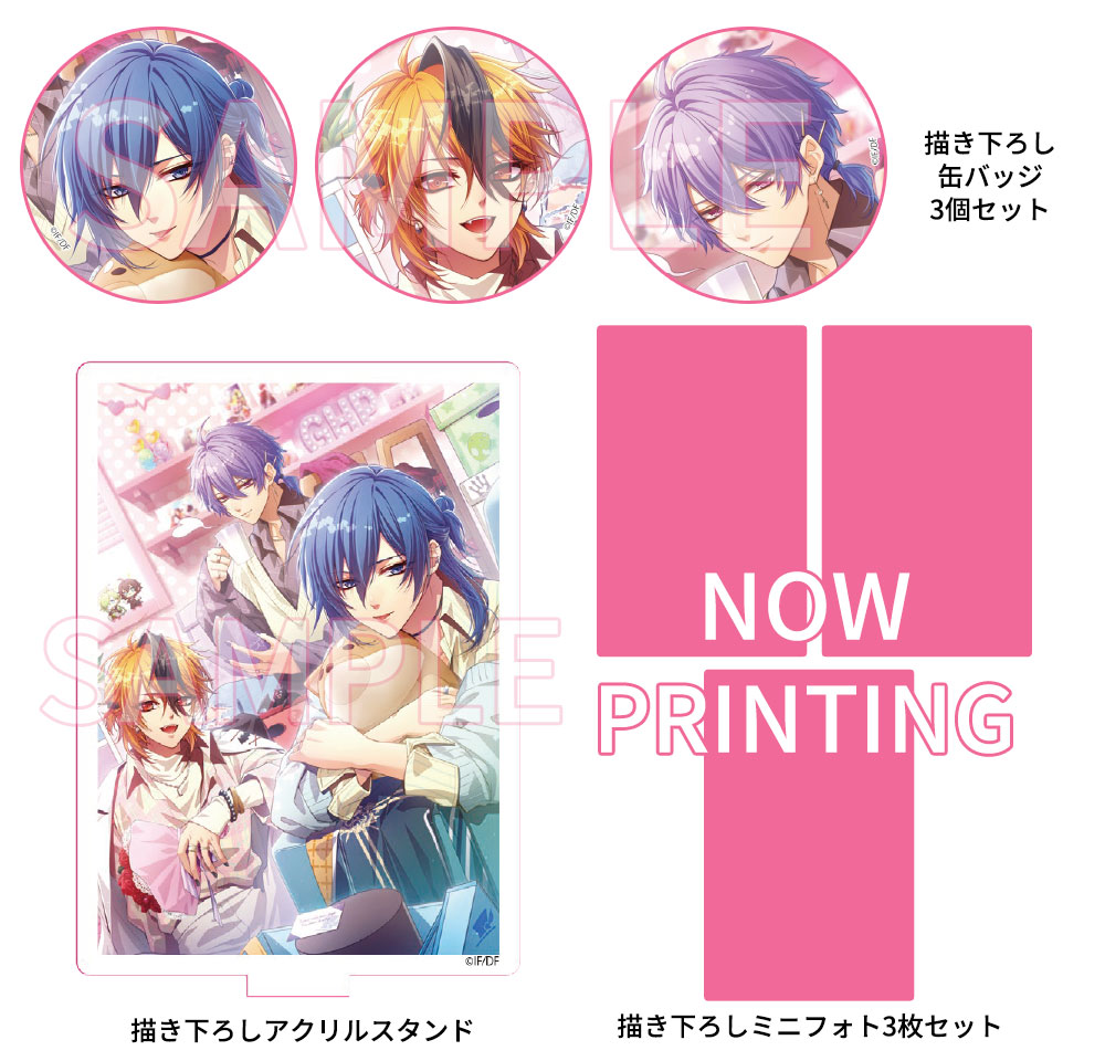 描き下ろしアクリルスタンド 描き下ろし缶バッジ3個セット 描き下ろしミニフォト3枚セット