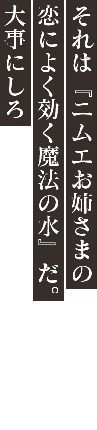 「それは『ニムエお姉さまの恋によく効く魔法の水』だ。大事にしろ」